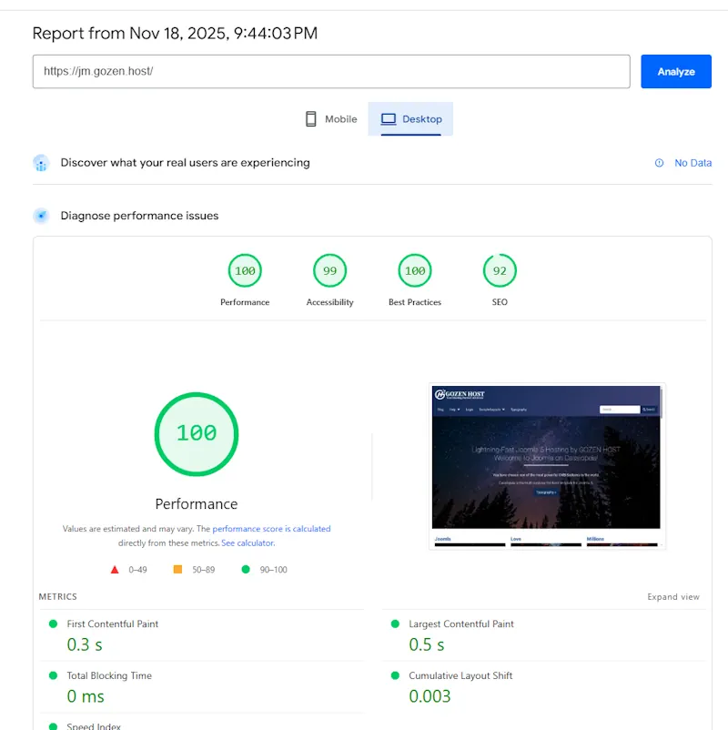GOZEN HOST Joomla desktop Lighthouse score - perfect 100 out of 100 performance