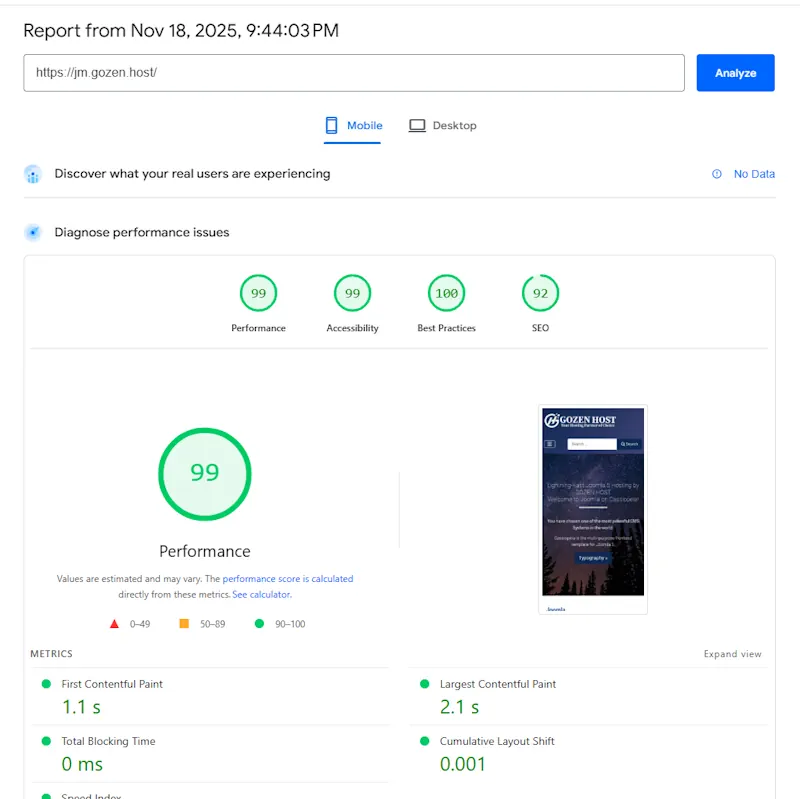 GOZEN HOST Joomla mobile Lighthouse score - 99 out of 100 with 0ms total blocking time